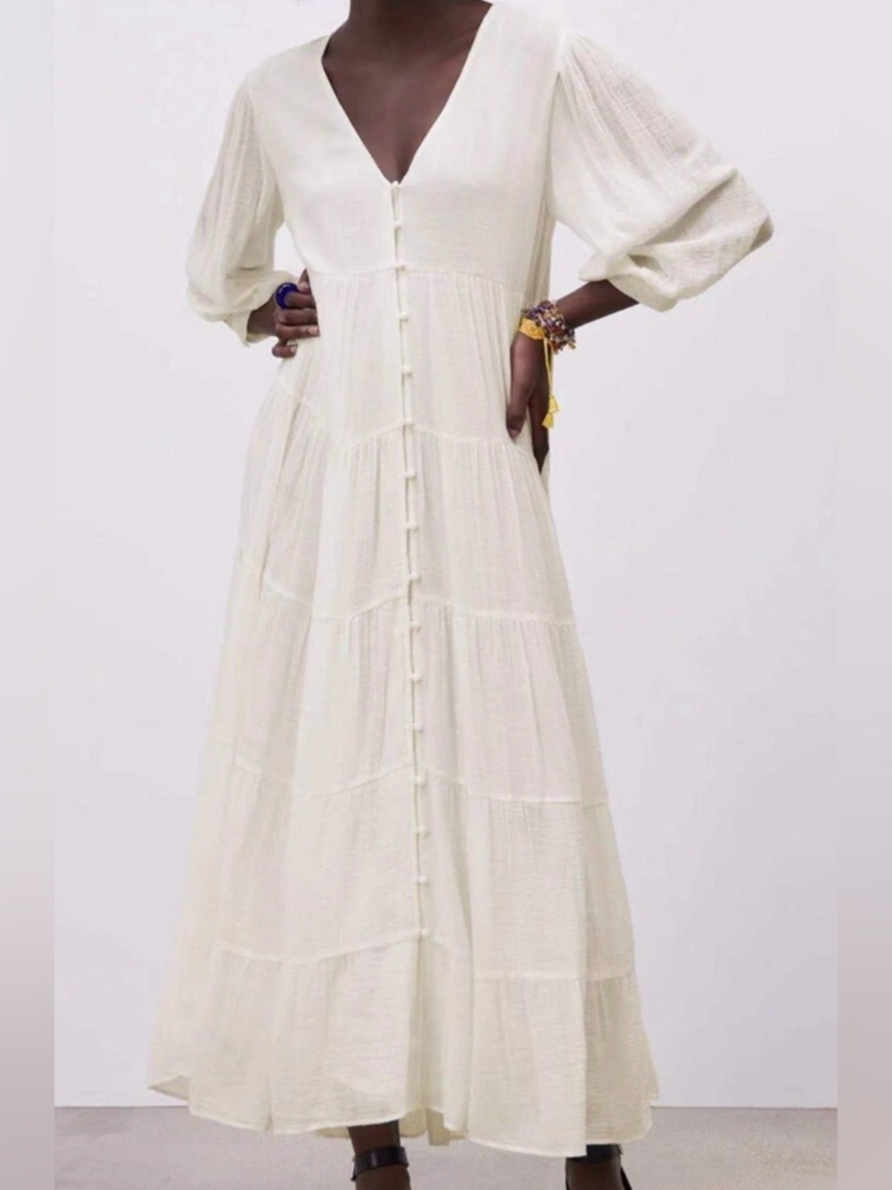 ZARA Cream Button-Front Tiered Maxi Dress